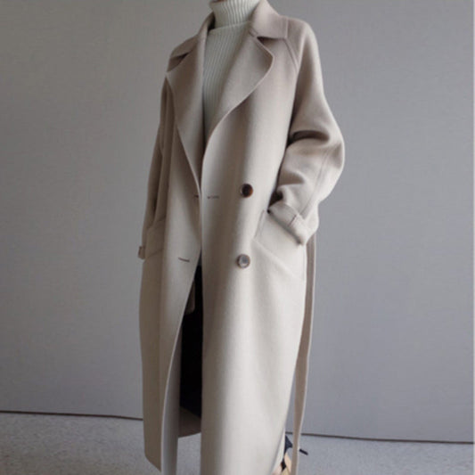 Damen-Wollmantel beige, lang, Herbst-Winter, Knöpfe, modisch, warm, eleganter Stil.