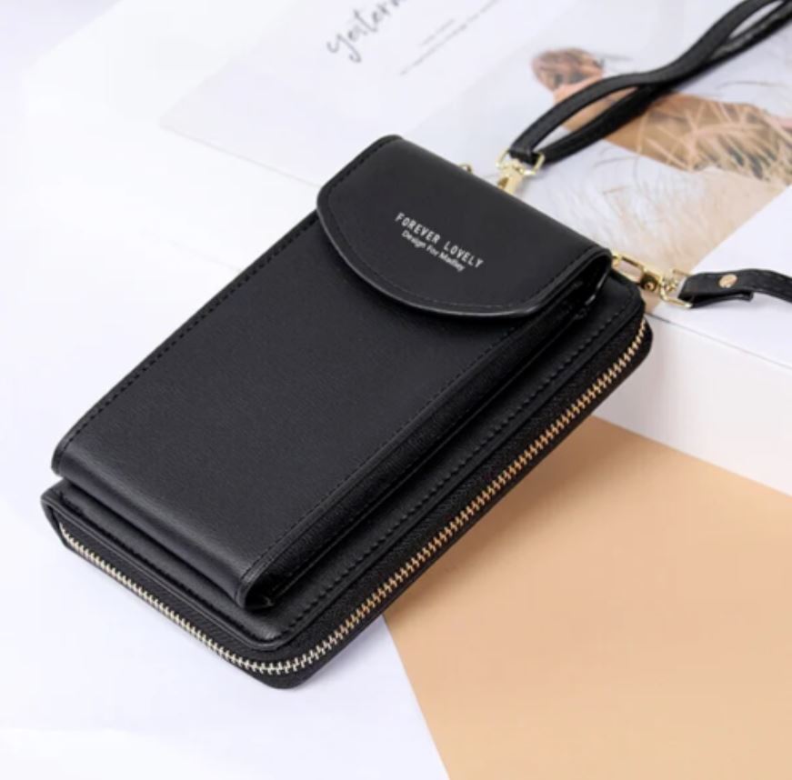 Schwarze Handy-Umhängetasche aus Leder mit Reißverschluss und verstellbarem Riemen.