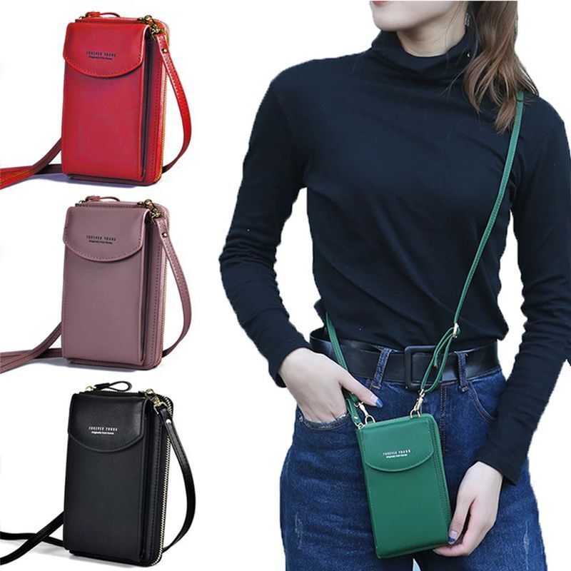 Damen-Handy-Umhängetasche, Leder, rot, rosa, schwarz, grün, modisch, praktisch, kompakt.