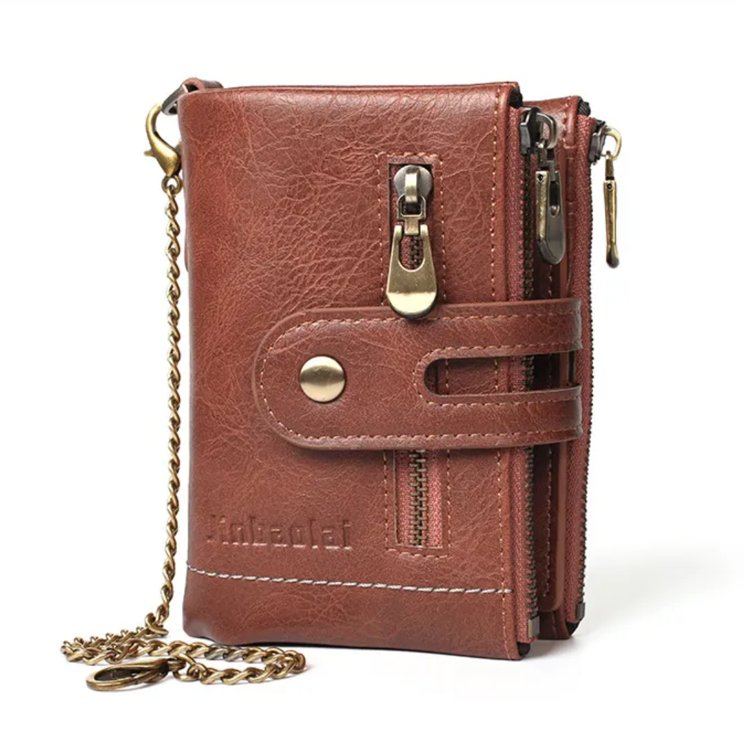 Braune Retro-Leder-Geldbörse mit Kette, Reißverschlüssen und Druckknopfverschluss.