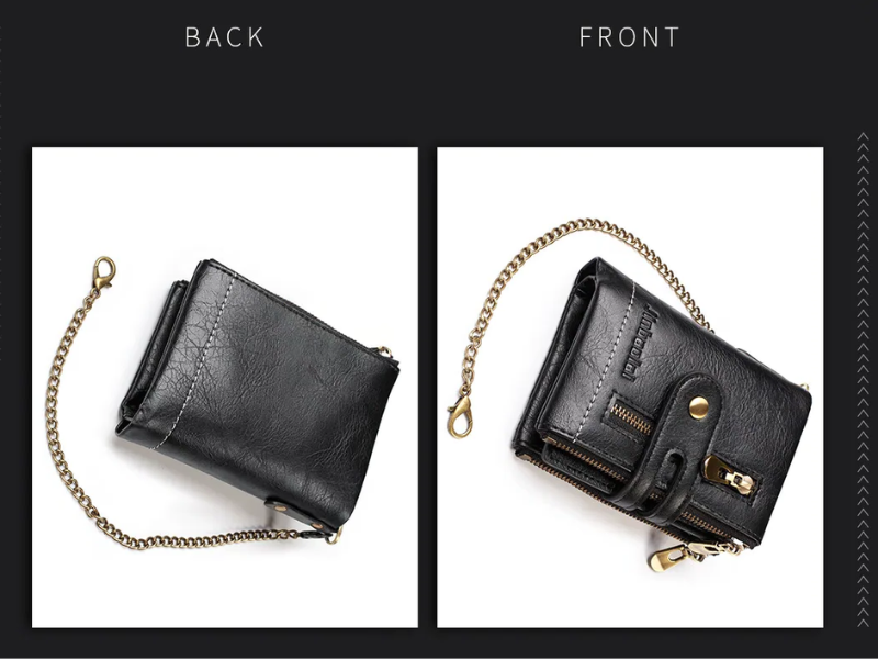 Schwarze Retro-Leder-Geldbörse mit Kette, Reißverschlüssen und Schnallen, Vorder- und Rückansicht.