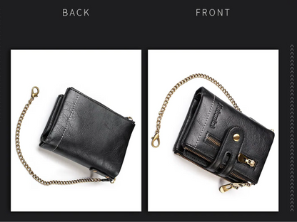 Schwarze Retro-Leder-Geldbörse mit Kette, Reißverschlüssen und Schnallen, Vorder- und Rückansicht.