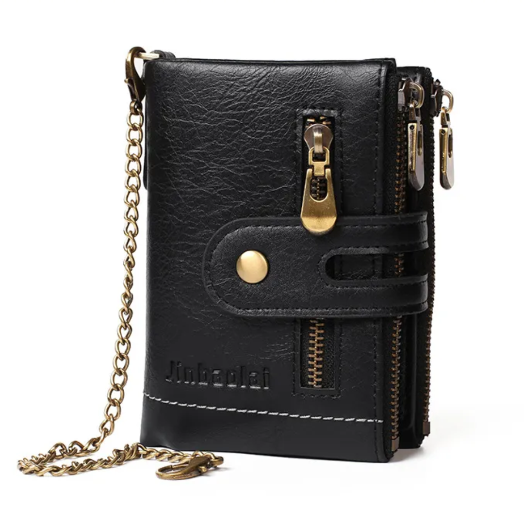 Schwarze Leder-Geldbörse mit Kette, Reißverschluss, Herren-Accessoire, Vintage-Stil