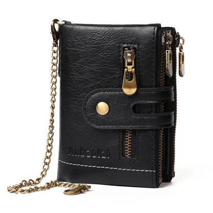 Schwarze Leder-Geldbörse mit Kette, Reißverschluss, Herren-Accessoire, Vintage-Stil