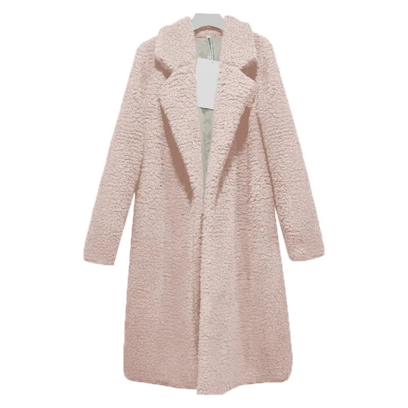 Rosa Damen-Wintermantel, flauschig, warm, modisch, Luca Norelli, elegant, lang.