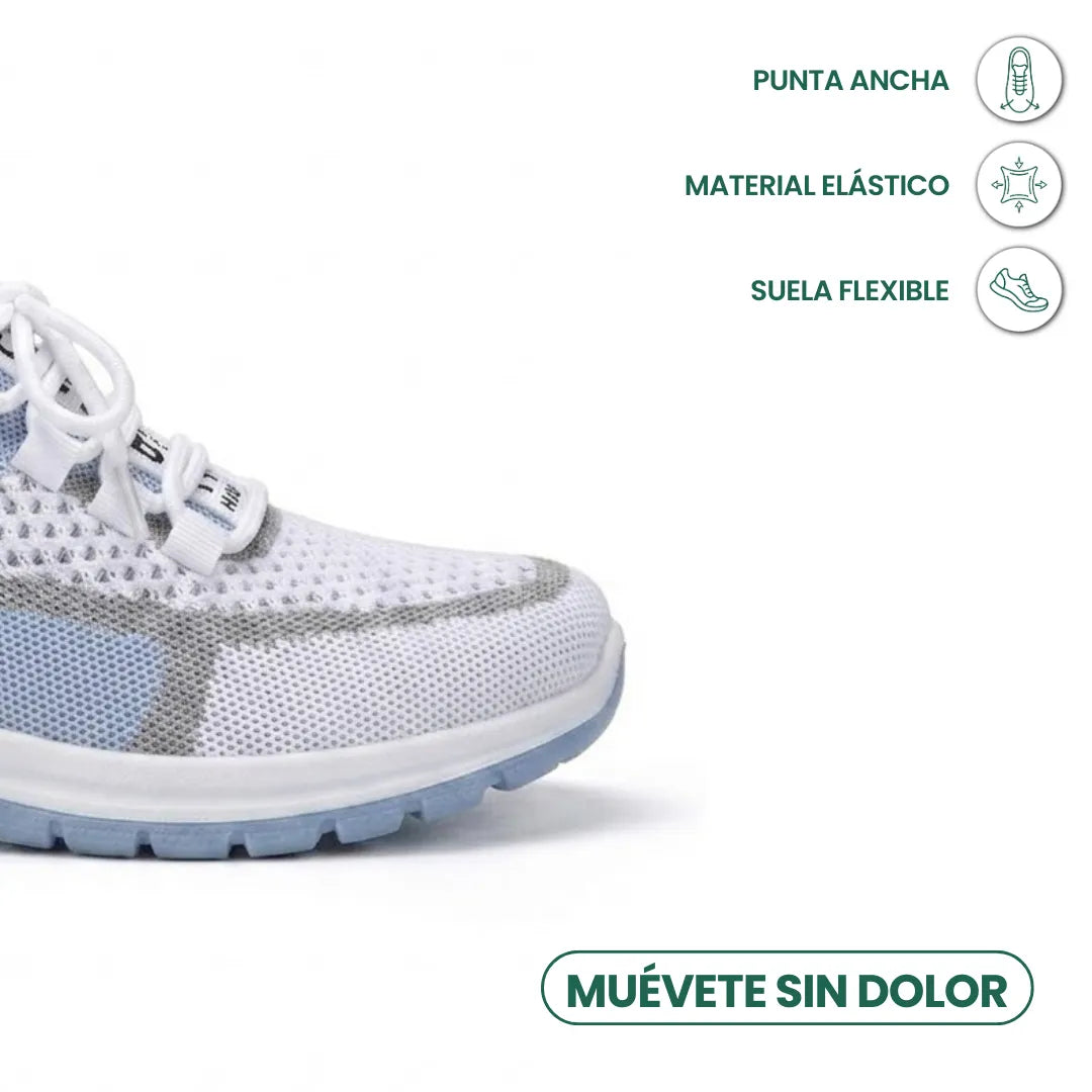 Närbild på tådelen av vit och ljusblå sneaker med ikoner för bred tå, elastiskt material och flexibel sula. 5