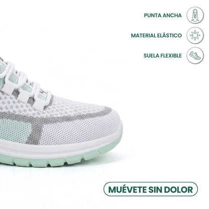 Närbild på tådelen av vit och mintgrön sneaker med ikoner för bred tå, elastiskt material och flexibel sula. 14