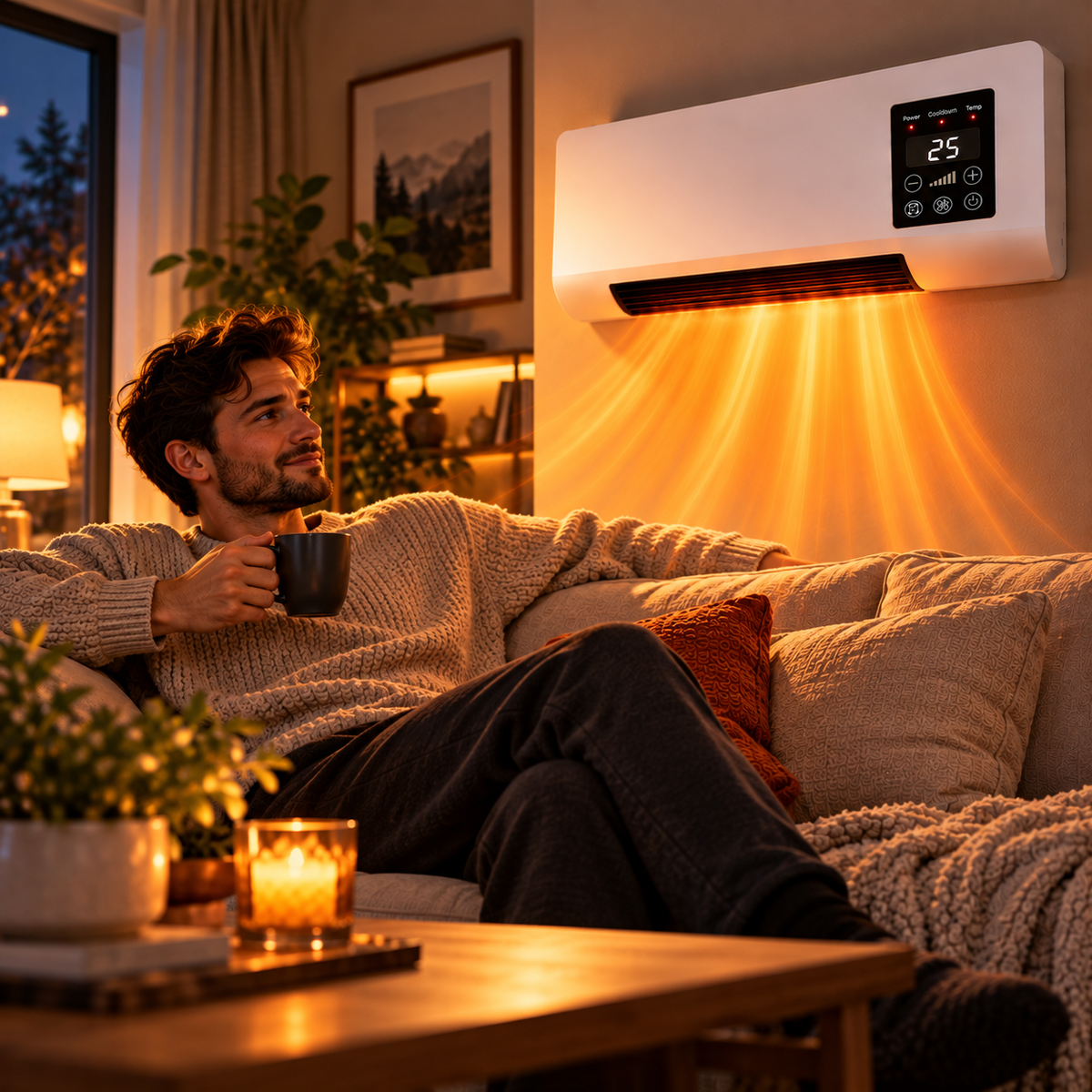 Man med en kaffekopp slappnar av i soffan medan väggvärmaren blåser ut varm luft 3