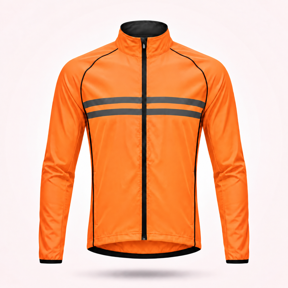 Orange cykeljacka framifrån med dragkedja, två grå reflexränder över bröstet och svart pipning längs ärmar och sidor. 15