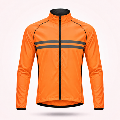 Orange cykeljacka framifrån med dragkedja, två grå reflexränder över bröstet och svart pipning längs ärmar och sidor. 15