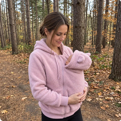 Kvinna i rosa fleecehoodie bär en sovande bebis i panelen med björnöron under en promenad i en höstskog. 2