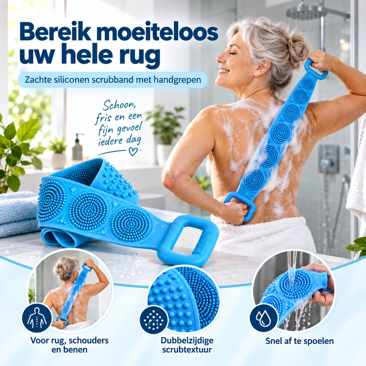 Kvinna skrubbar ryggen med blå silikonband, och bandet ligger hoprullat bredvid på en bänk 3