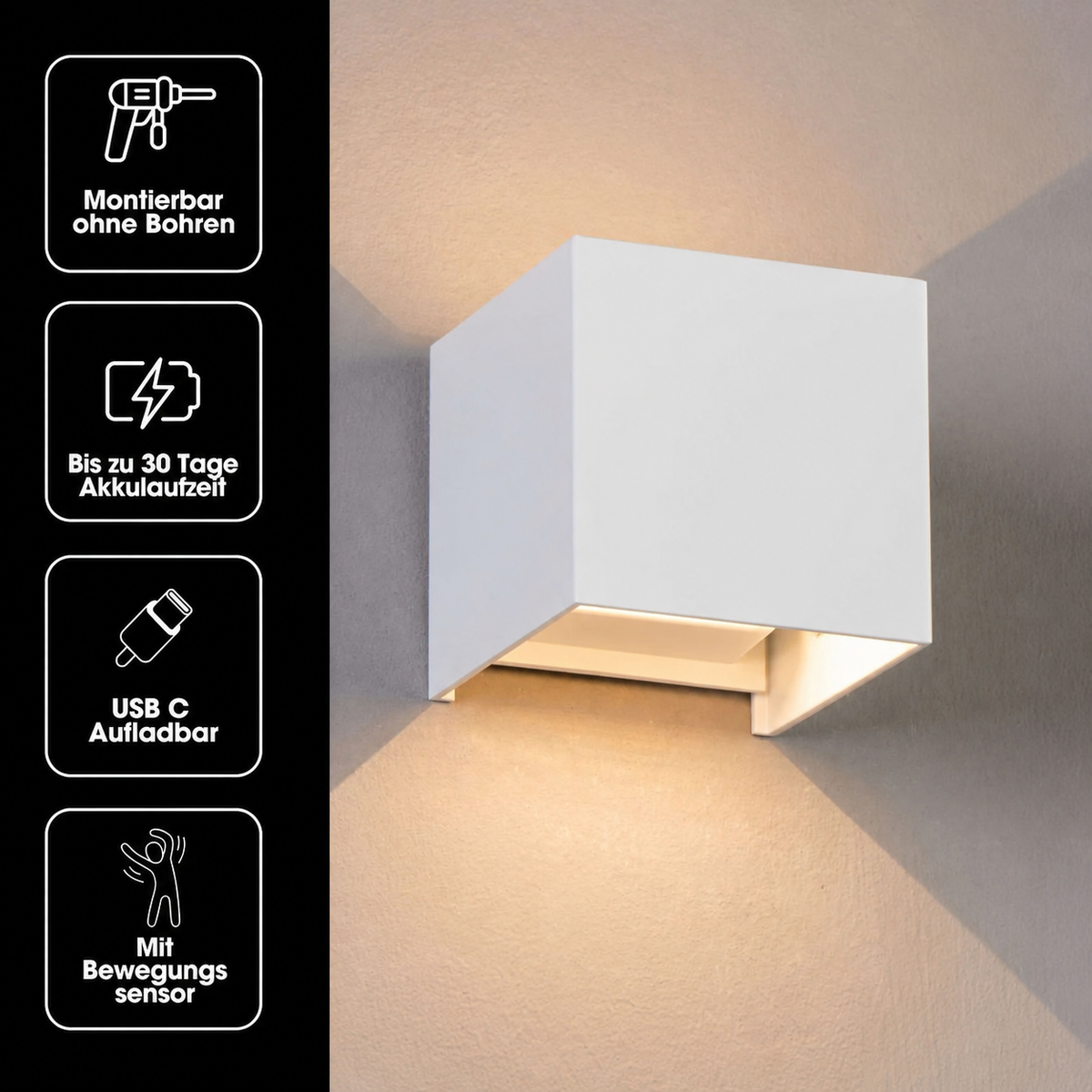 Vit vägglampa med ikoner till vänster som visar montering utan borrning, batteritid, USB-C-laddning och rörelsesensor. 19
