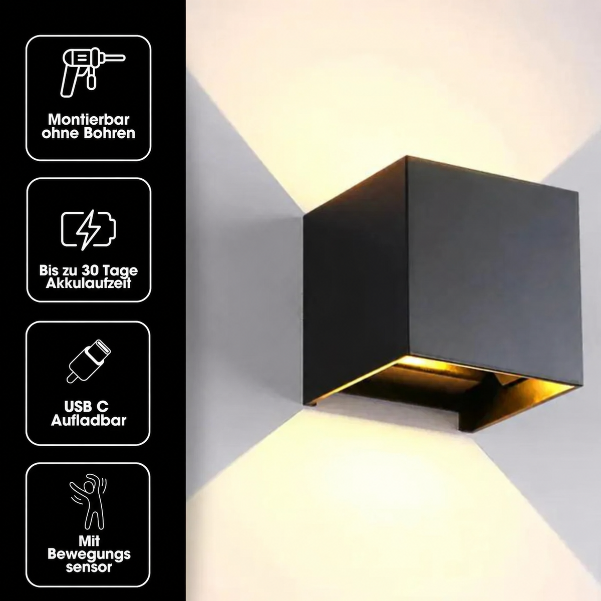 Svart vägglampa med ikoner till vänster som visar montering utan borrning, batteritid, USB-C-laddning och rörelsesensor. 18