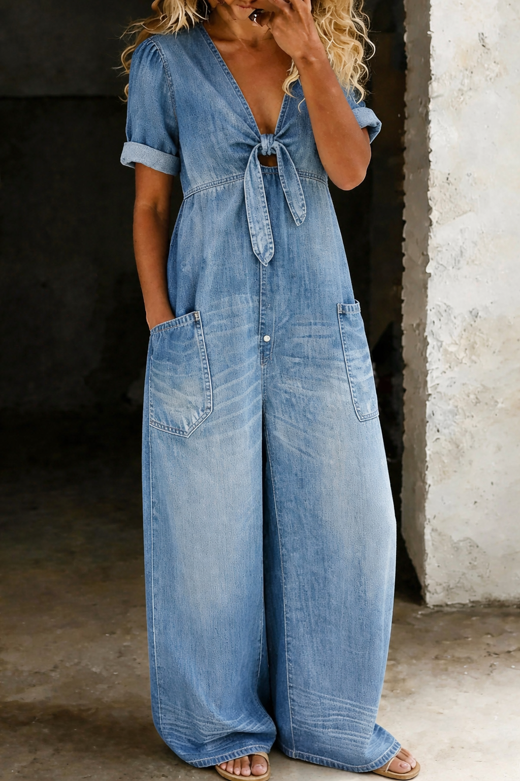 Modell bär overallen i ljusblå tvättad denim, framifrån med knytning vid V-ringningen och fickor 2
