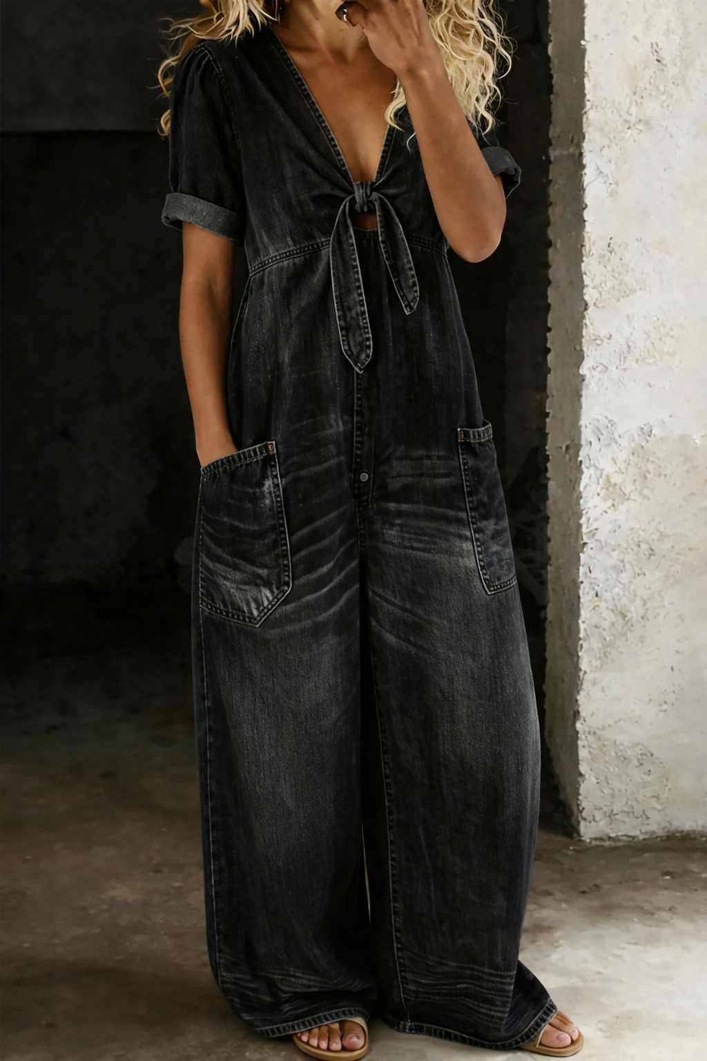 Modell bär overallen i svart sliten denim, sedd framifrån med knytning och vida ben 3