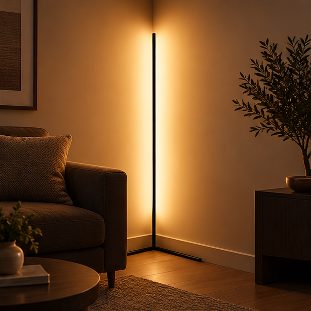 Svart golvlampa i ett rumshörn lyser varmt längs väggarna bredvid en mörk soffa, en växt och ett sidobord. 1