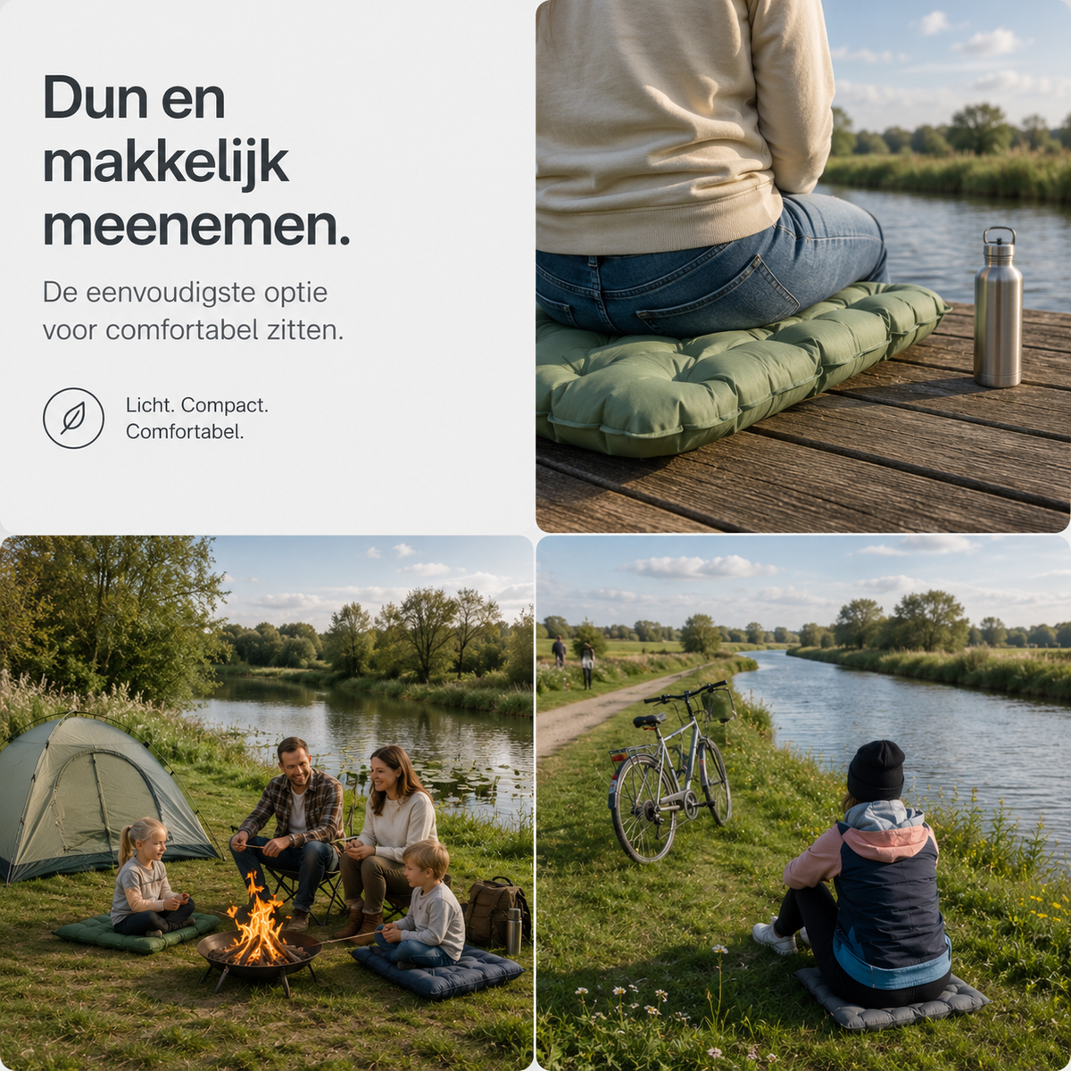 Tre miljöbilder av sittdynan: en person på en brygga, en familj vid lägerelden och en person vid vattnet med cykel. 3