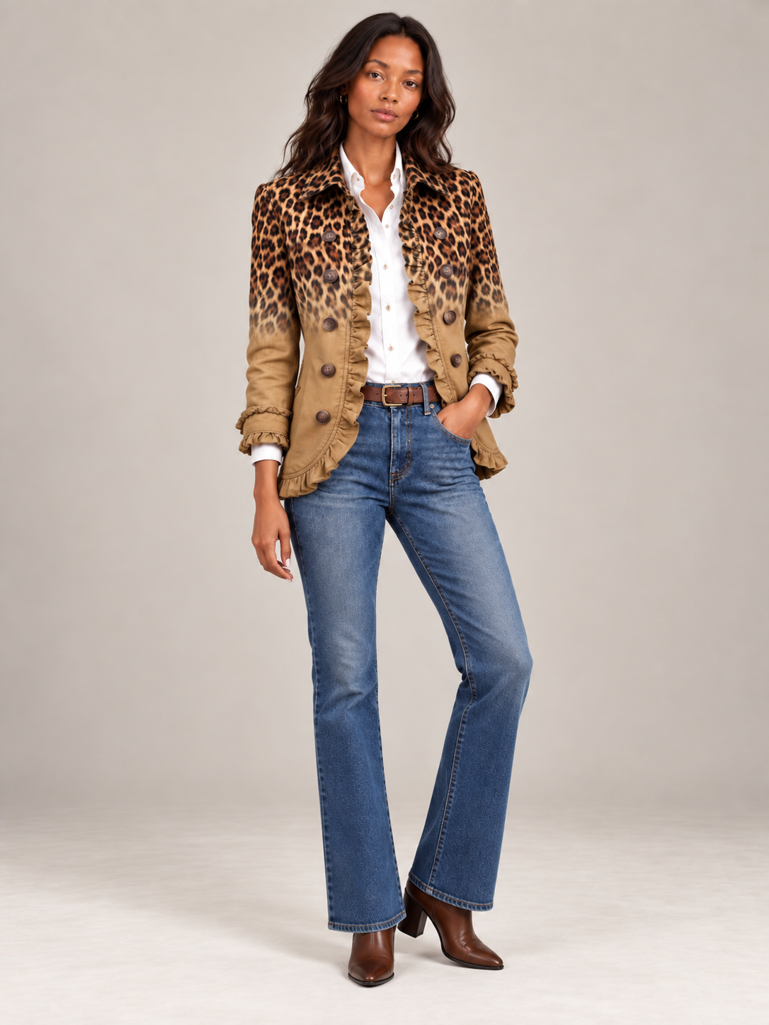 Helbild framifrån på modell i beige leopardblazer med volanger, bärd med vit skjorta, brunt skärp, utsvängda jeans och bruna stövletter. 9