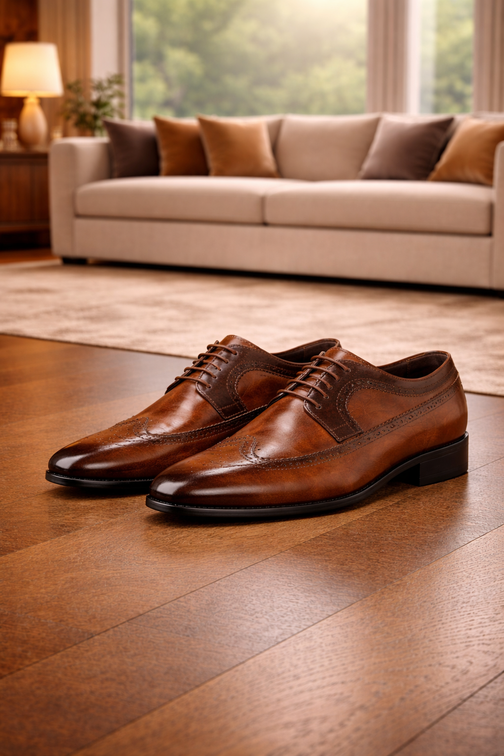 Ett par bruna brogueskor i läder med snörning står på ett trägolv framför en beige soffa. 3