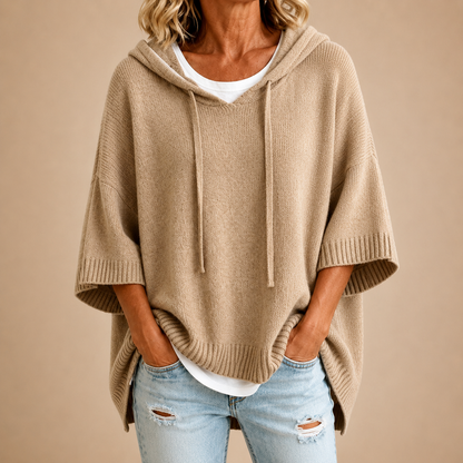Knit Poncho with Hood and Three-Quarter Sleeves 6