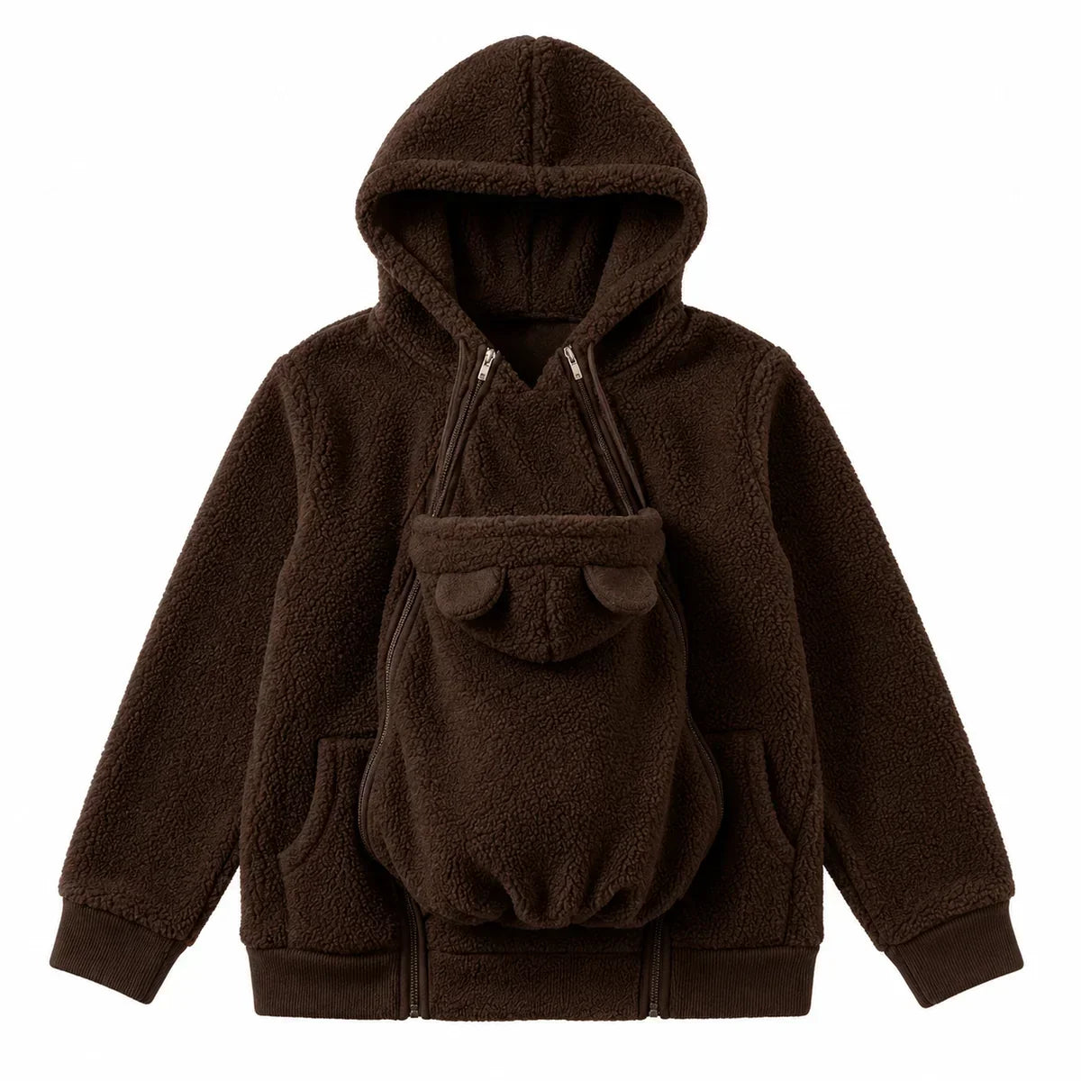 Mörkbrun hoodie i sherpafleece uppställd platt med den avtagbara babypanelen med björnöron och dragkedjor. 14