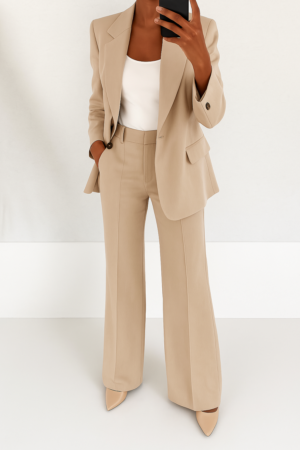 Byxdress i beige på modell med vitt linne, handen i fickan och beige pumps 3