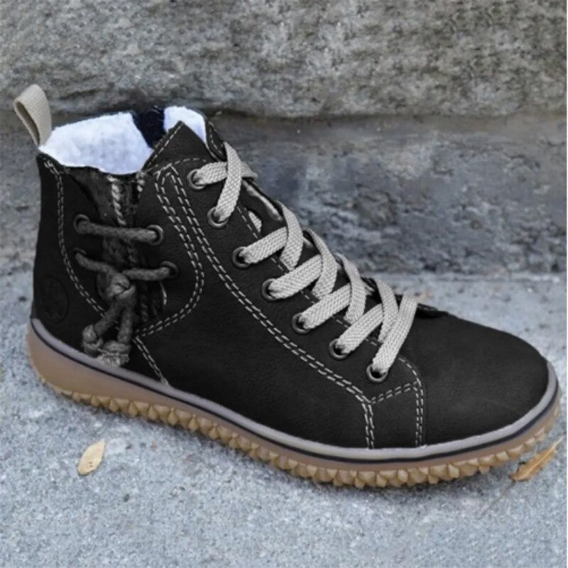 Schwarzer Lederstiefel mit grauen Schnürsenkeln, rutschfeste Sohle, Damen-Winterstiefel.