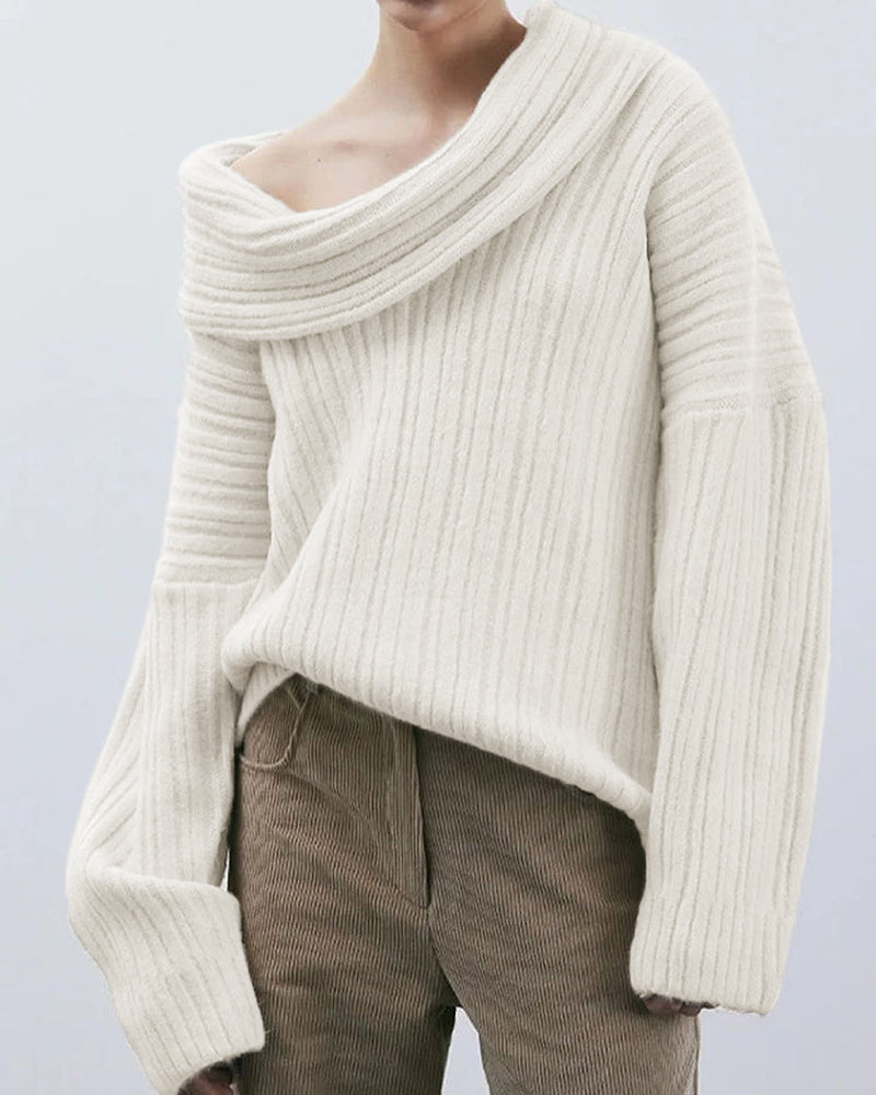 Weiße, schulterfreie Strickpullover für Damen, grob gestrickt, modisch, bequem.