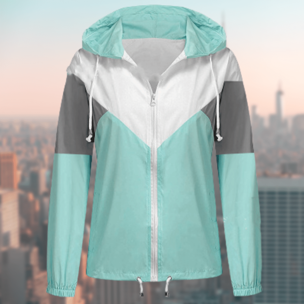 Damen-Windjacke, türkis-weiß-grau, Kapuze, Reißverschluss, Outdoor-Bekleidung, modisch.