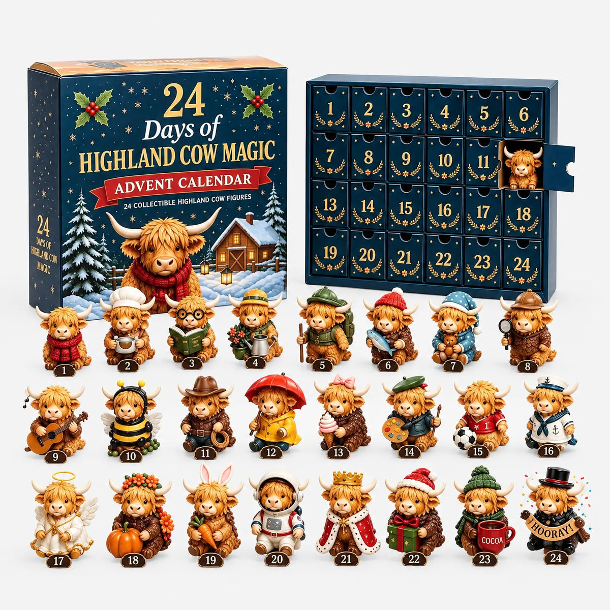 Blå adventskalender med numrerade luckor, en lucka öppen med en höglandsko, och 24 samlarfigurer i dräkter framför på vit bakgrund. 2