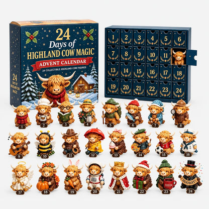 Blå adventskalender med numrerade luckor, en lucka öppen med en höglandsko, och 24 samlarfigurer i dräkter framför på vit bakgrund. 2
