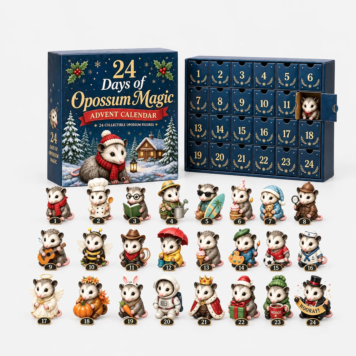 Blå adventskalender med numrerade luckor och 24 små opossumfigurer i olika kostymer uppradade framför asken på ljus bakgrund. 3