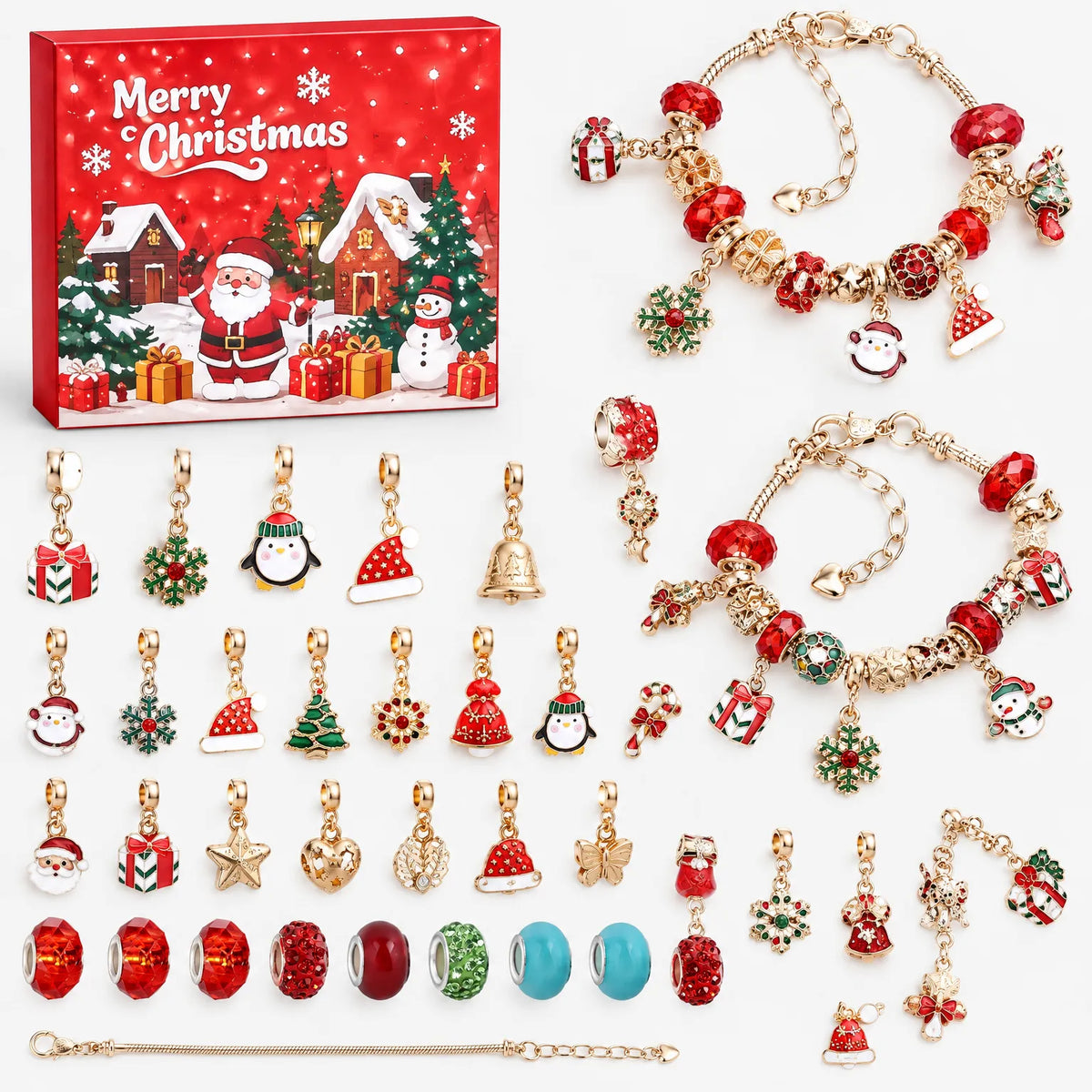 Röd adventskalenderask med tomte och snögubbe samt guldfärgade julcharms, röda pärlor, två färdiga armband och ett extra armband. 10