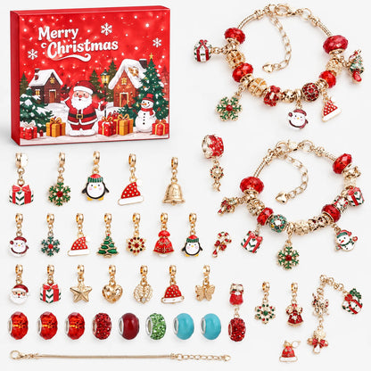 Röd adventskalenderask med tomte och snögubbe samt guldfärgade julcharms, röda pärlor, två färdiga armband och ett extra armband. 10