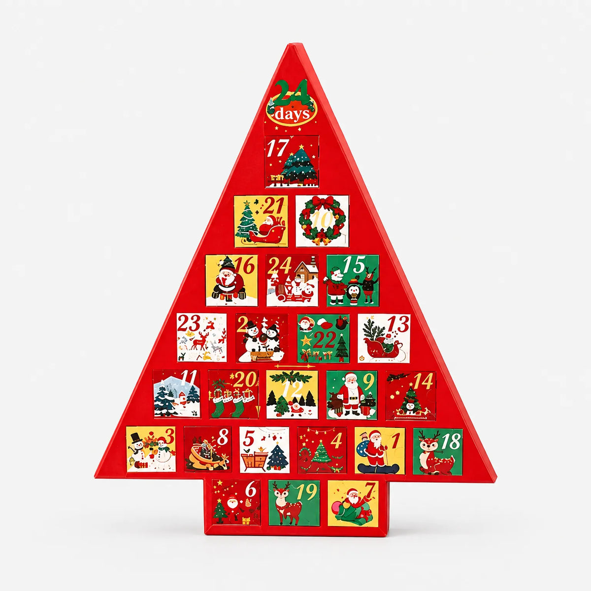 Adventskalendern sedd rakt framifrån mot vit bakgrund, med färgglada luckor i rött, gult, grönt och vitt med jultomtar och renar. 2