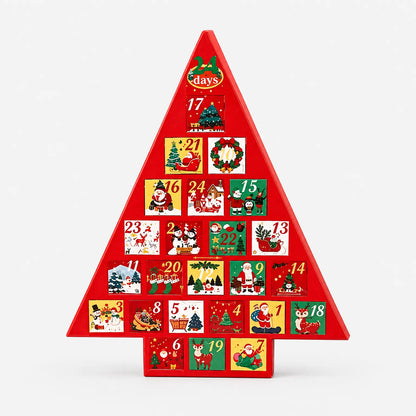 Adventskalendern sedd rakt framifrån mot vit bakgrund, med färgglada luckor i rött, gult, grönt och vitt med jultomtar och renar. 2