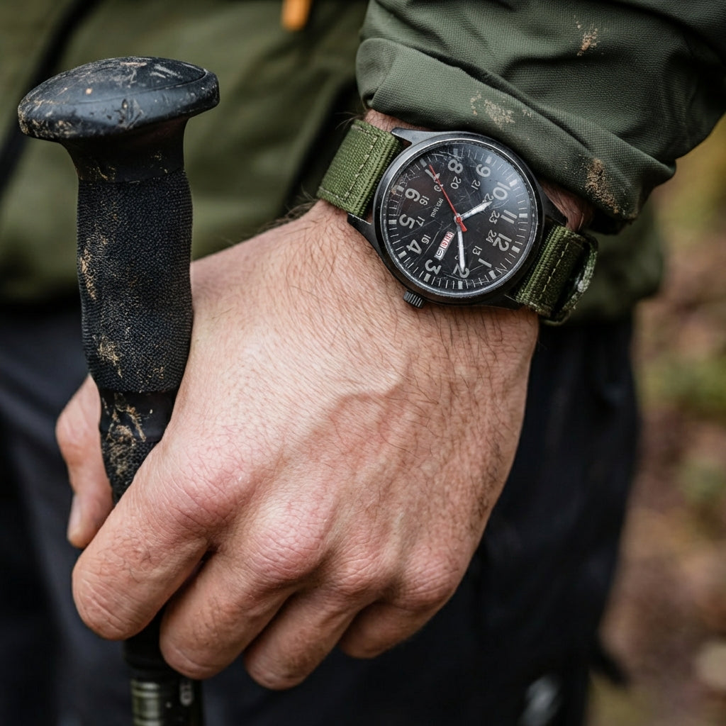 Närbild på en hand som håller en smutsig vandringsstav, med klockan och den gröna textilremmen på handleden utomhus i skogsmiljö. 2