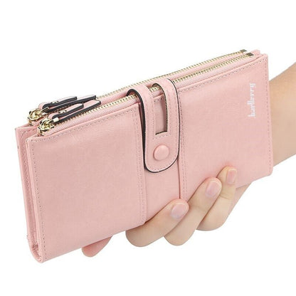 Rosa Damen-Lederportemonnaie mit doppeltem Reißverschluss, elegant und praktisch.