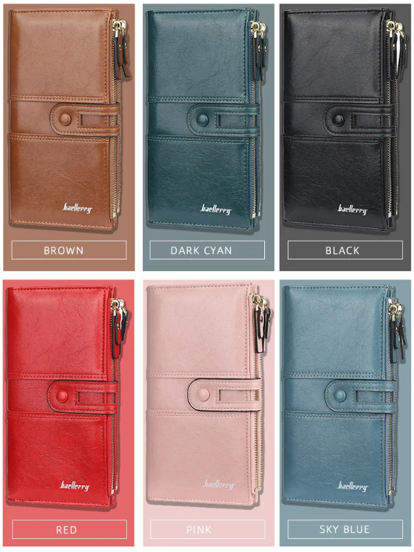 Braune, rote, schwarze, pinke, dunkelblaue und hellblaue Damen-Lederbrieftaschen mit Doppelreißverschluss.