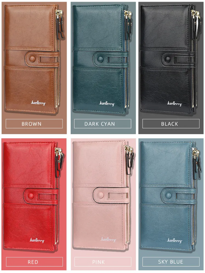 Braune, rote, schwarze, pinke, dunkelblaue und hellblaue Damen-Lederbrieftaschen mit Doppelreißverschluss.