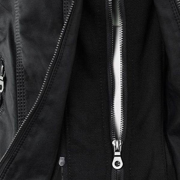 Schwarze Lederjacke mit Reißverschluss, Nahaufnahme, modisch, hochwertiges Material.