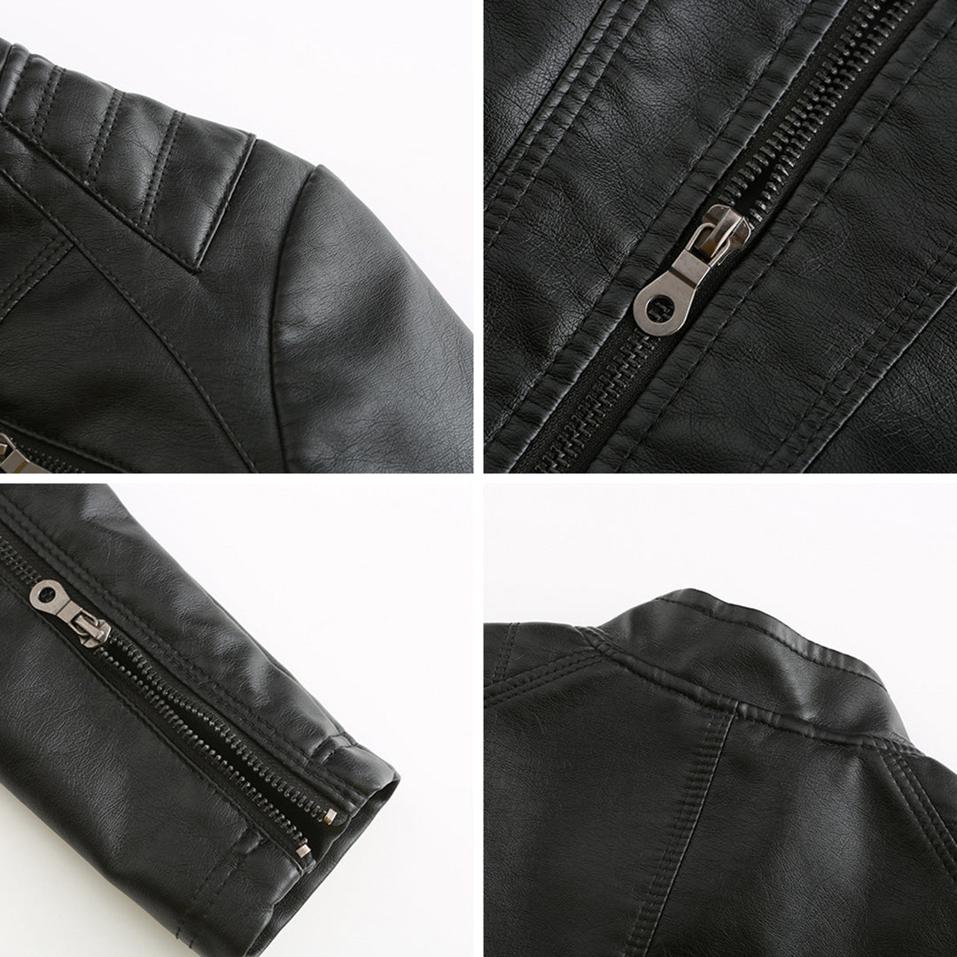 Schwarze Lederjacke Details, Reißverschluss, Naht, Ärmel, modische Oberbekleidung.