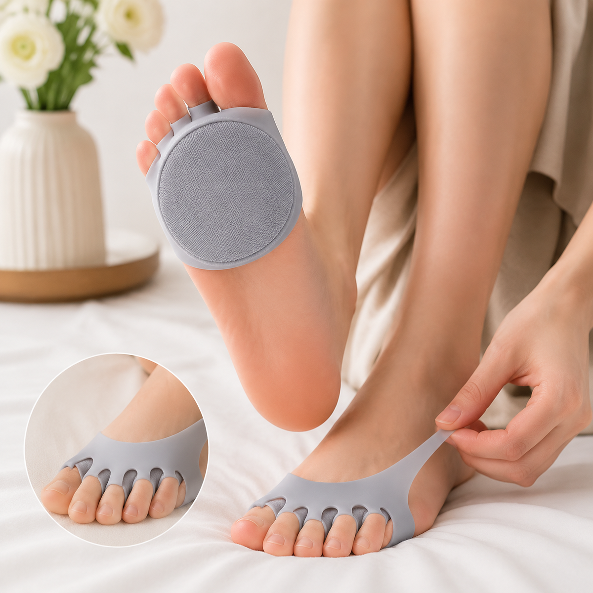 Grå version av framfotsdynan med mjuk tyngre yta, hand som sträcker det elastiska materialet, med förstorad detalj. 7
