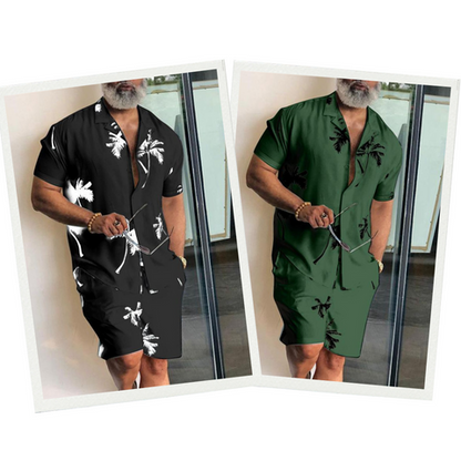 Zweiteiliges Herren-Set, schwarz und grün, mit Palmenmuster, Sommermode, Freizeitkleidung.