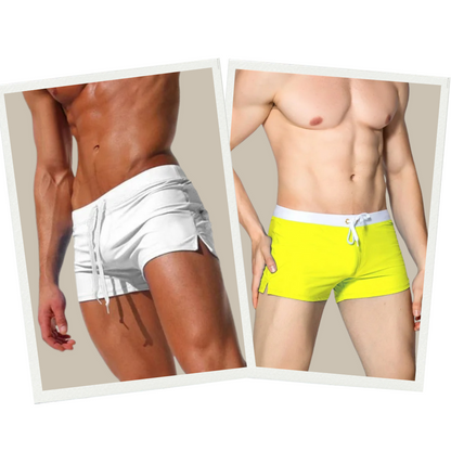 Zwei Männer in weißen und gelben Badehosen, sportlich, eng anliegend, Strandmode.