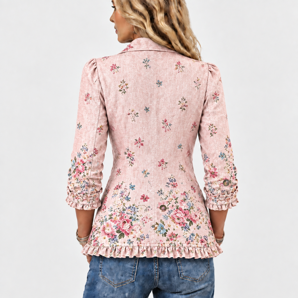 Jackan bakifrån på en modell, med spridda blommönster, tätare blommor nedtill och volang vid fållen och ärmslutet. 5