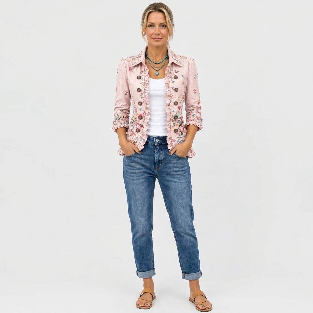 Helkroppsbild av modellen i jackan, vitt linne, uppvikta jeans och bruna sandaler mot ljus bakgrund. 4