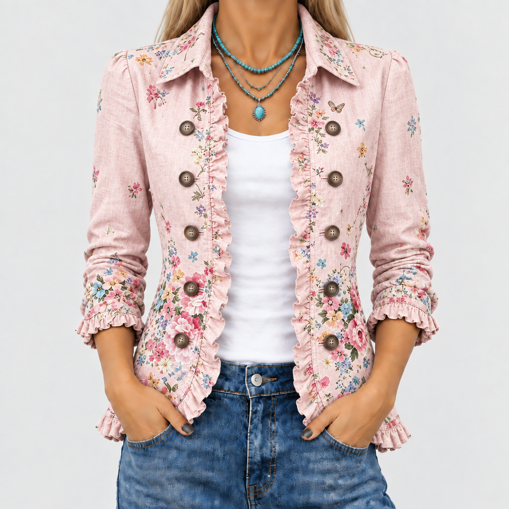 Närbild av den rosa blommiga jackan med volangkanter och stora knappar, öppen över ett vitt linne och jeans. 1