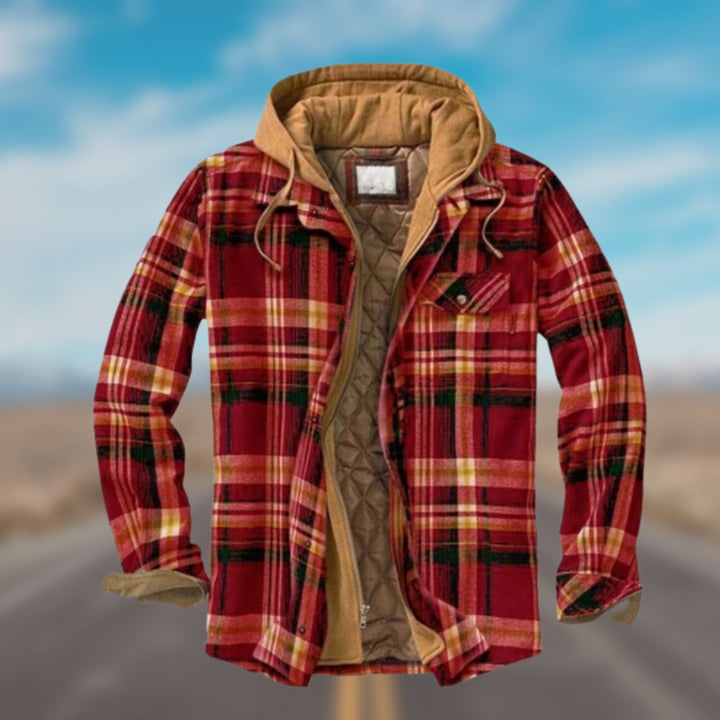 Rote karierte Herrenjacke mit Kapuze, gefüttert, aus Baumwolle, ideal für Herbstmode.